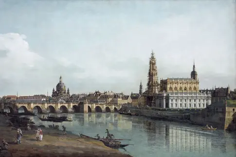 Gemälde einer historischen Stadtansicht mit Fluss