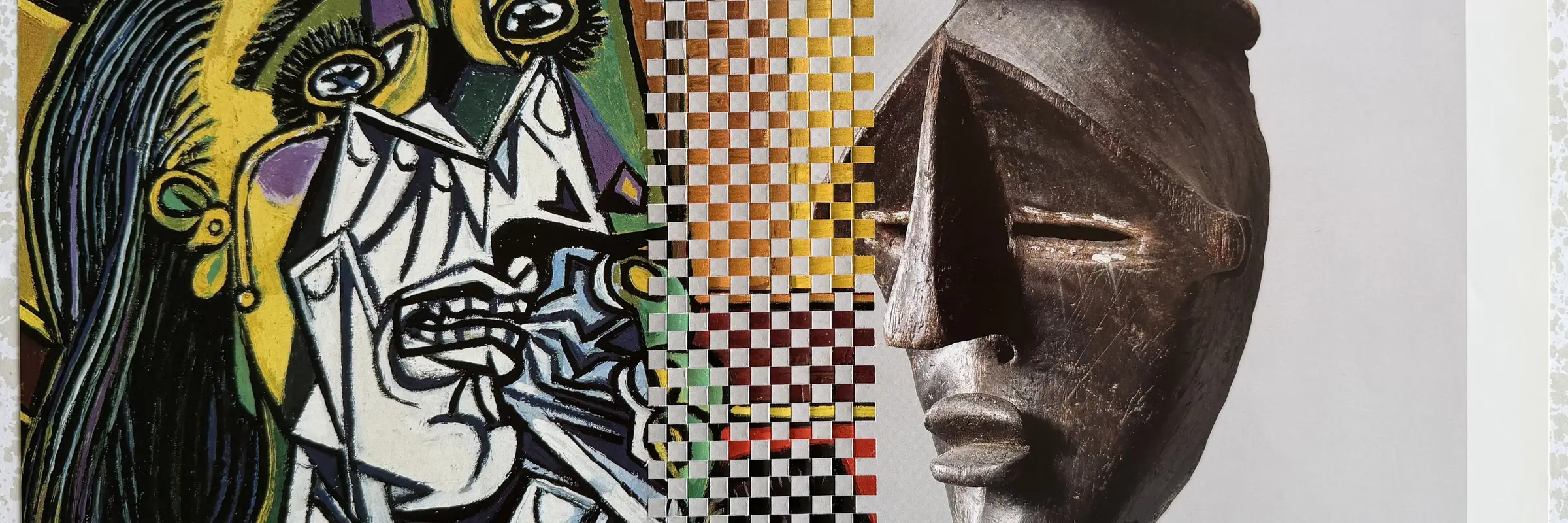 Collage eines gemalten Kopfes nach Picasso und einer afrikanischen Maske