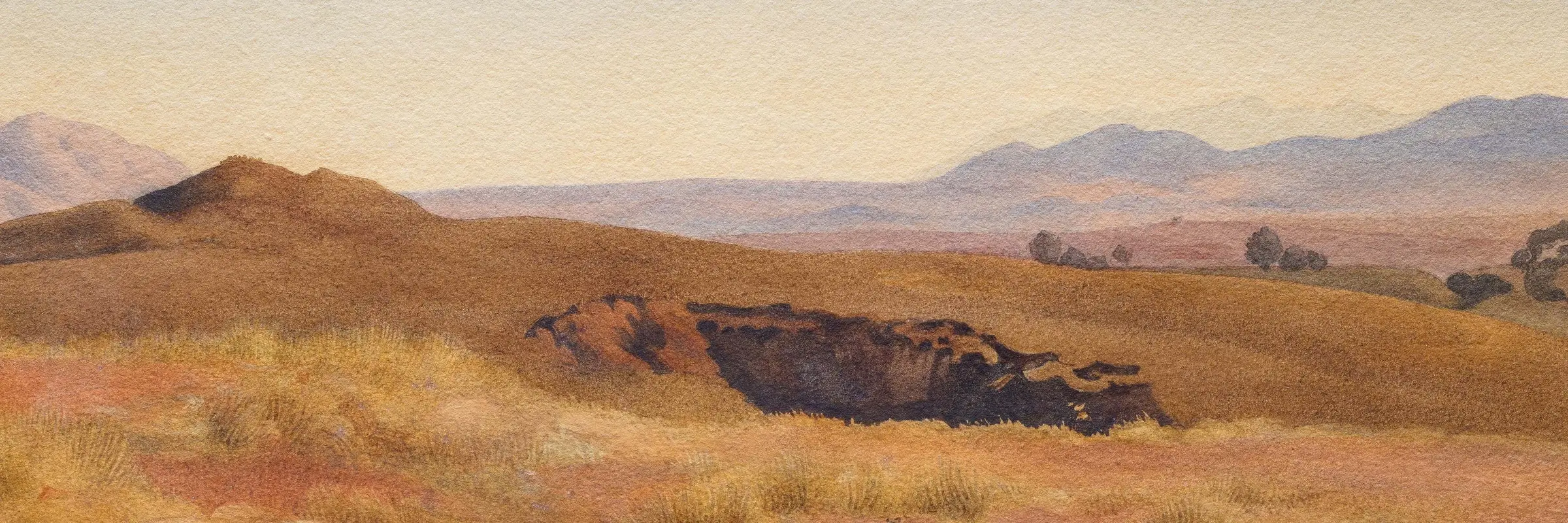 Das Bild einer hügeligen, kargen Landschaft in rot-brauner Farbe.