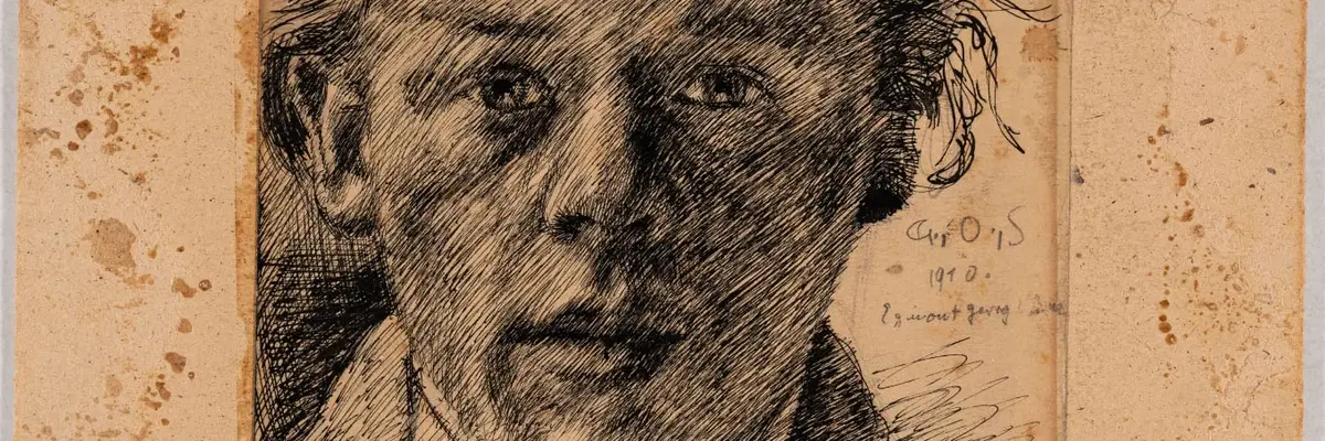 Die Zeichnung zeigt Künstler Georg Öhme im Porträt mit Hut.